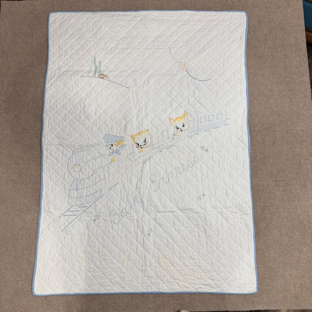 Vintage Baby Express Embroidered Quilt White Blue Train Kittens Nursery Blanket